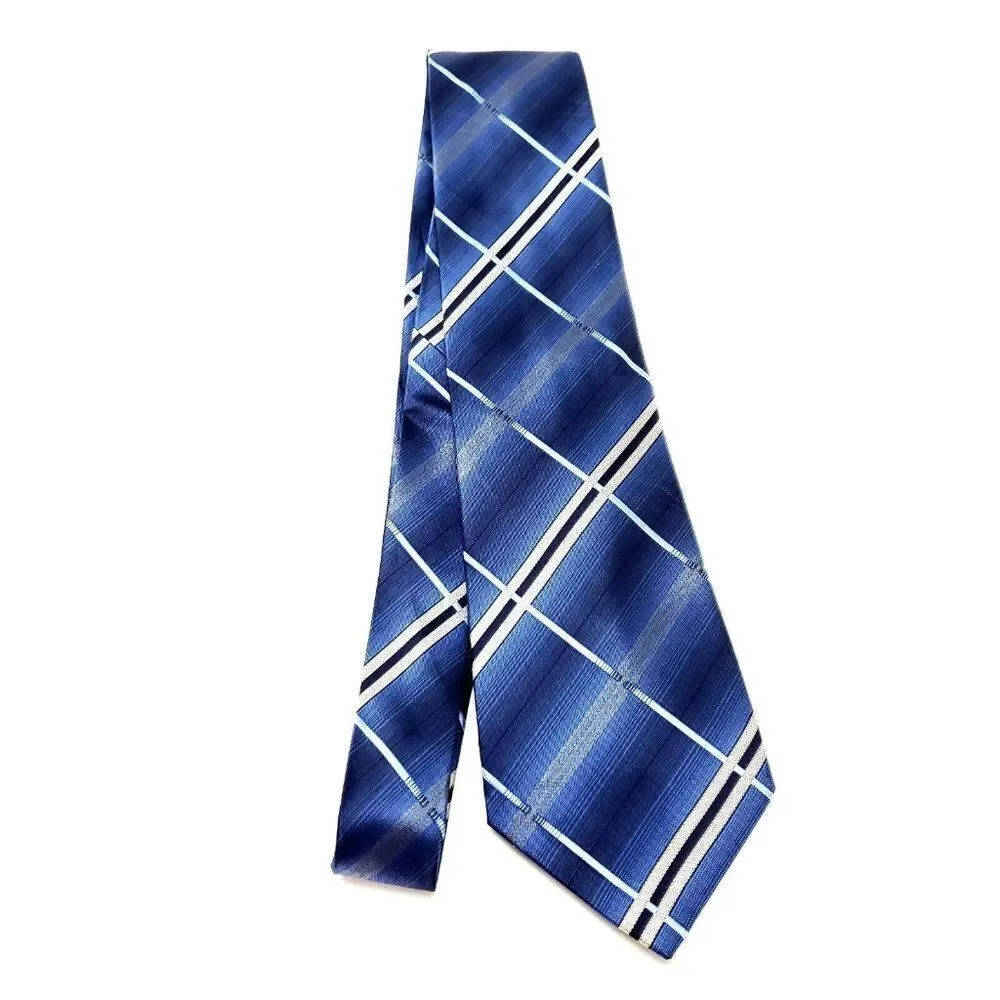 Van Heusen Blue Silk Tie Woven Gingham Plaid Stain Resistant‎
